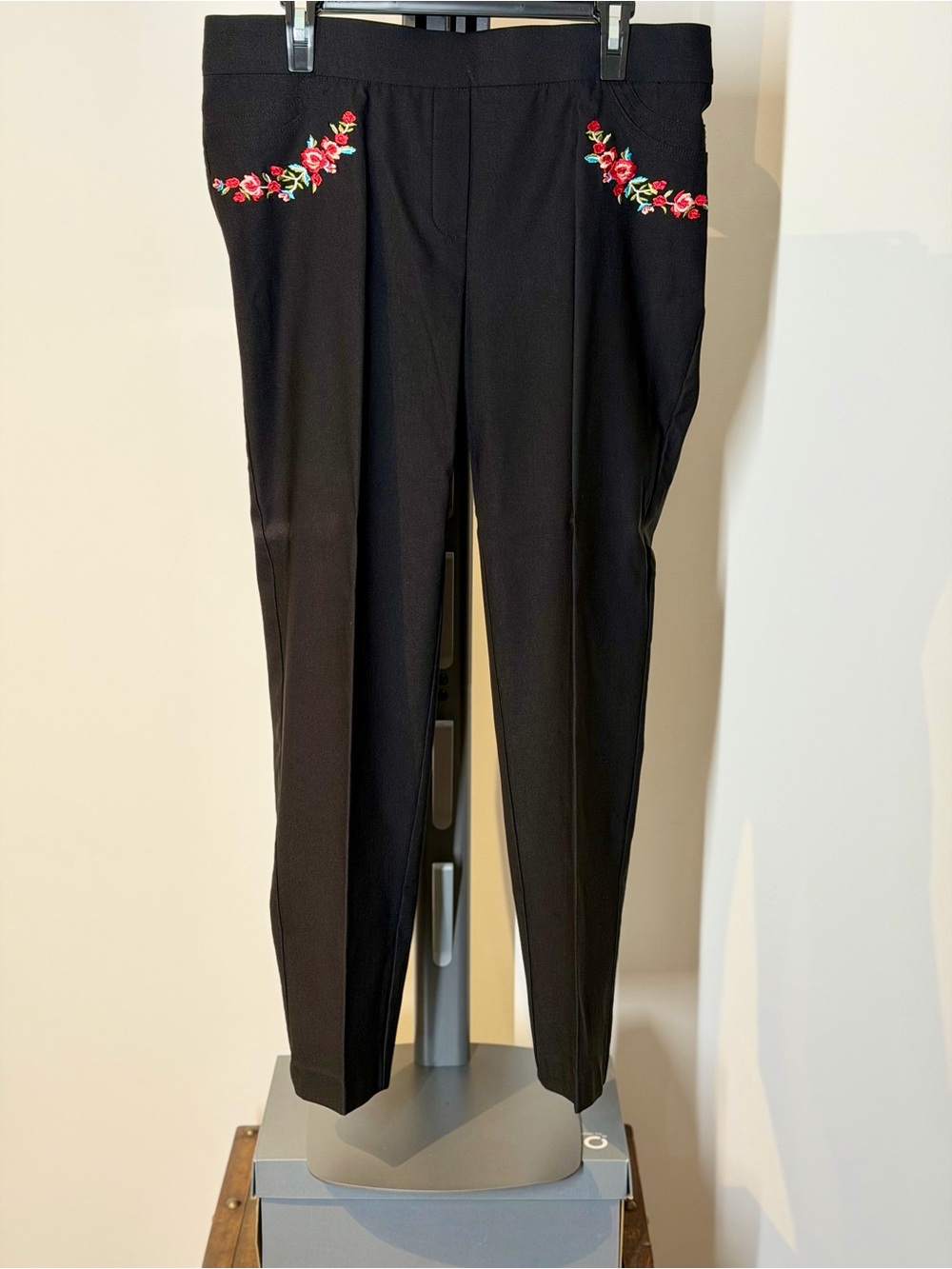 Black Slim Ponte Pants with Red Floral Embroidery